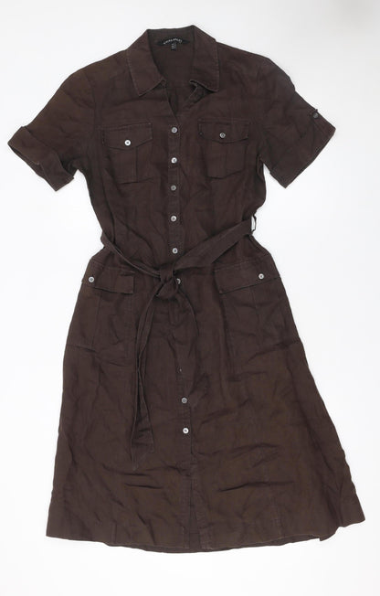 Laura Ashley Women Brown Linen Shirt Dress Size 12 Belted Short Sleeve
