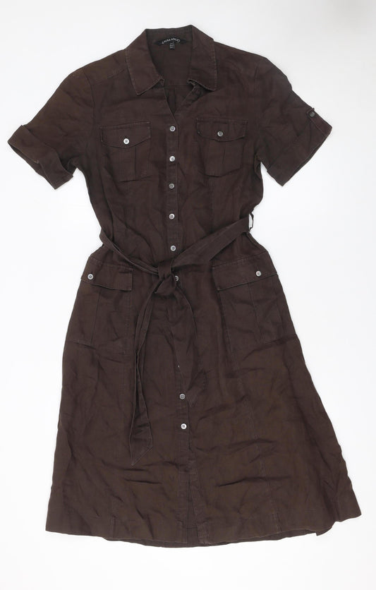 Laura Ashley Women Brown Linen Shirt Dress Size 12 Belted Short Sleeve
