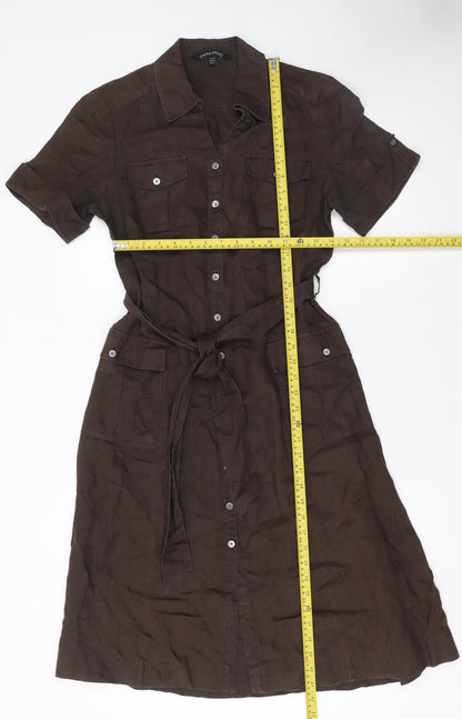 Laura Ashley Women Brown Linen Shirt Dress Size 12 Belted Short Sleeve