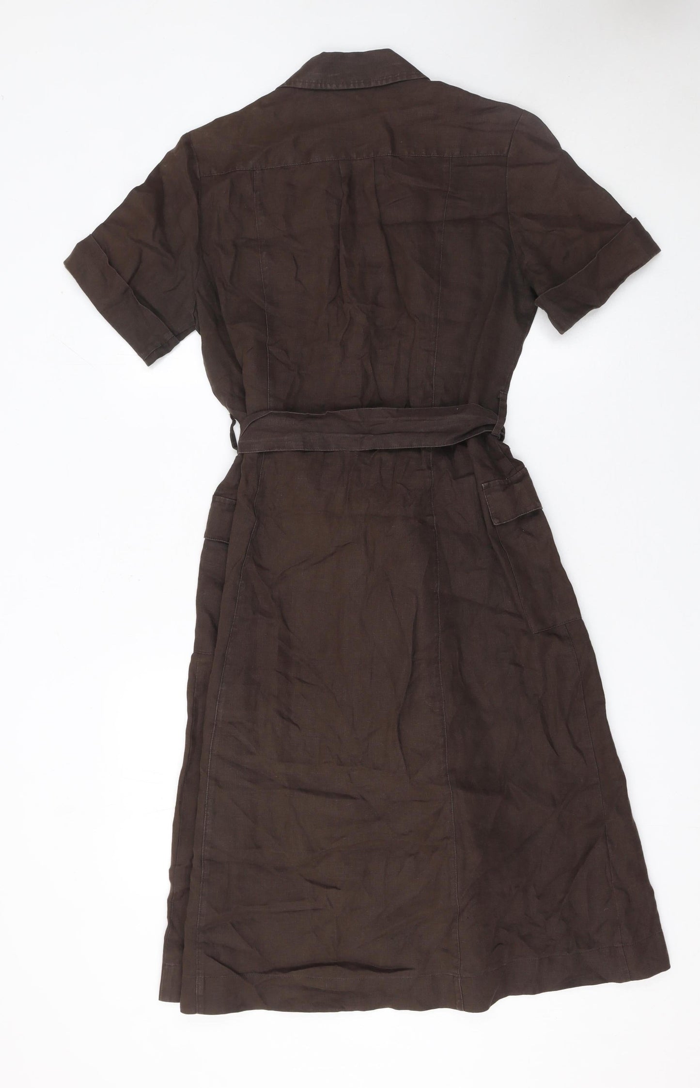 Laura Ashley Women Brown Linen Shirt Dress Size 12 Belted Short Sleeve