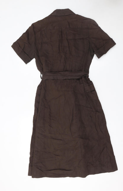 Laura Ashley Women Brown Linen Shirt Dress Size 12 Belted Short Sleeve