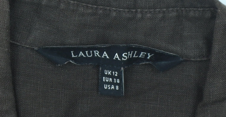 Laura Ashley Women Brown Linen Shirt Dress Size 12 Belted Short Sleeve