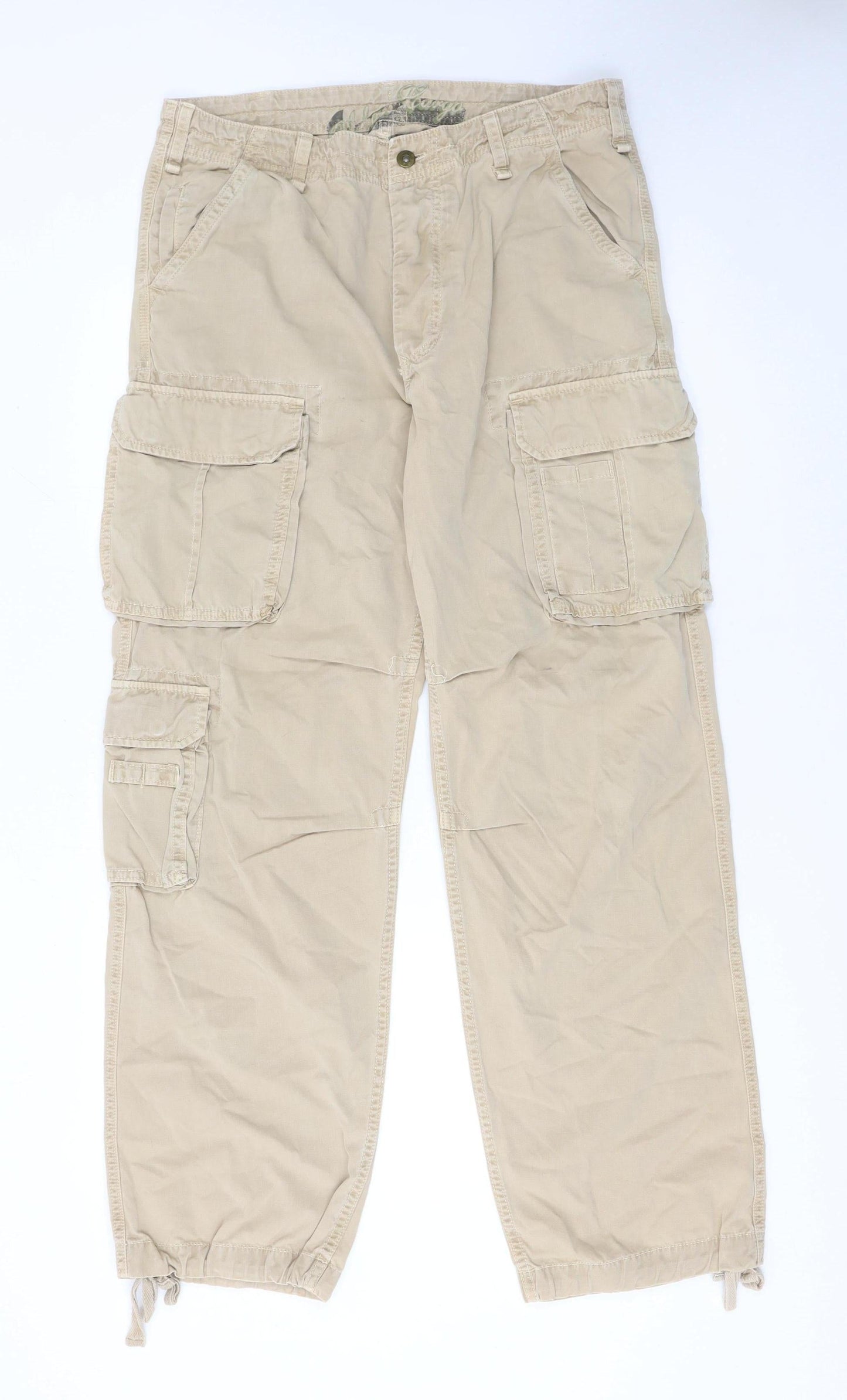 Next Men’s Beige Cargo Trousers 34R Cotton Adjustable Waist Casual