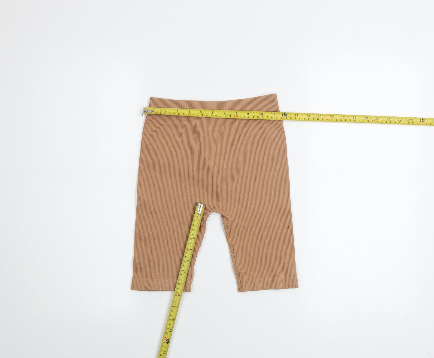 ZARA Womens Beige Ribbed Biker Style Activewear Shorts Size L Polyamide Blend