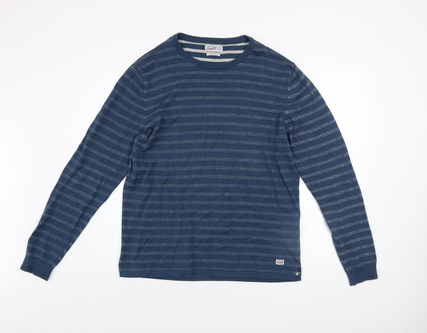 Jack & Jones Men's Blue Striped Cotton Crew Neck Jumper Size L