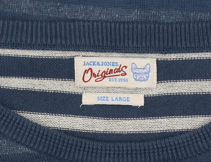 Jack & Jones Men's Blue Striped Cotton Crew Neck Jumper Size L