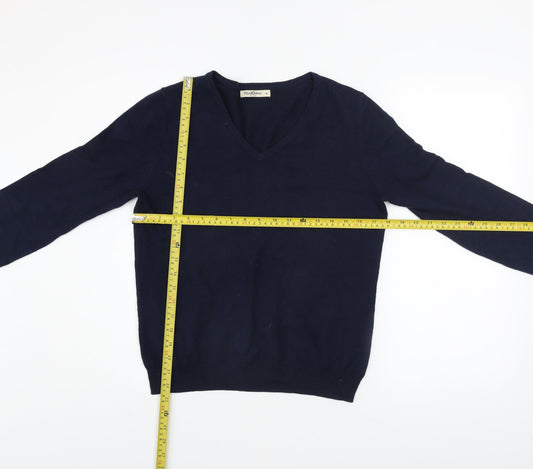 WoolOvers Men's Blue V-Neck Cotton Cashmere Jumper Size S