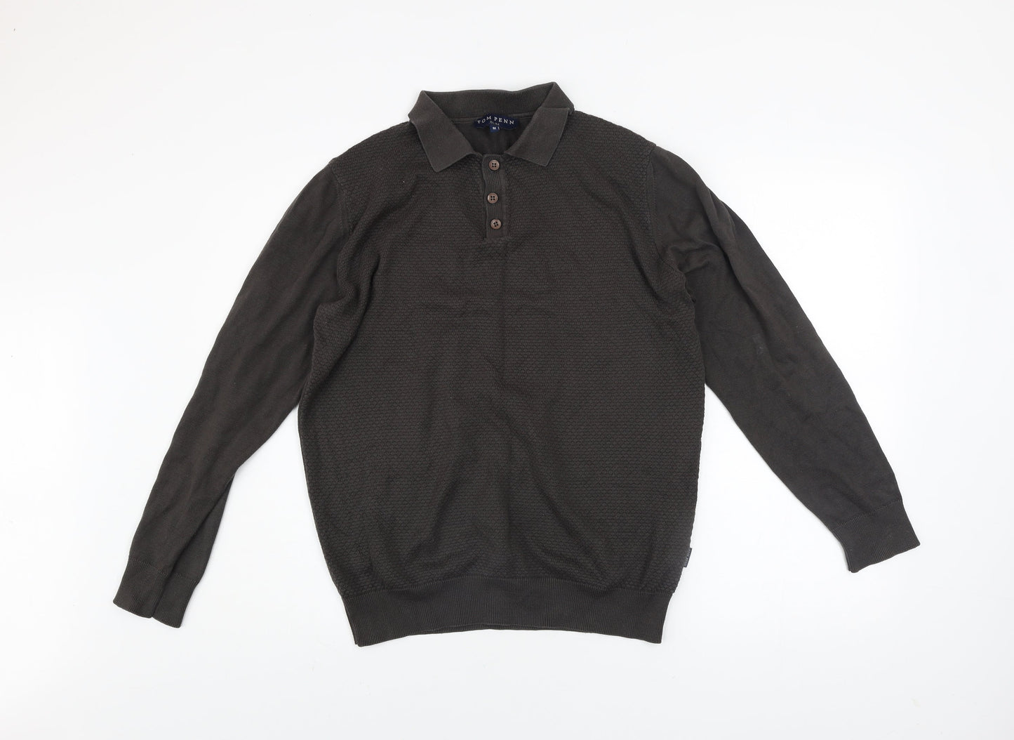 Tom Penn Men's Brown Slim Fit Long Sleeve Cotton Polo Shirt M