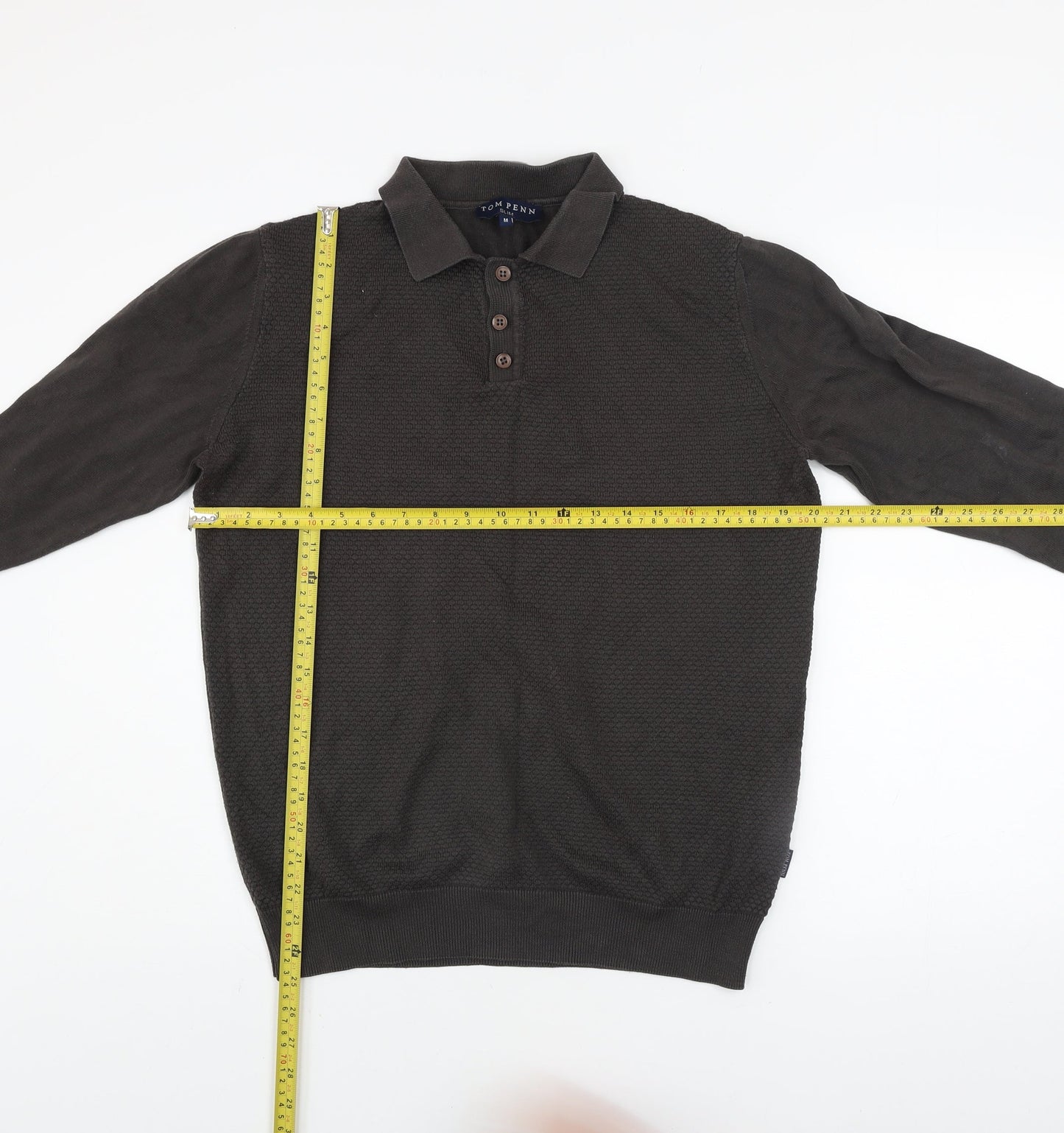 Tom Penn Men's Brown Slim Fit Long Sleeve Cotton Polo Shirt M