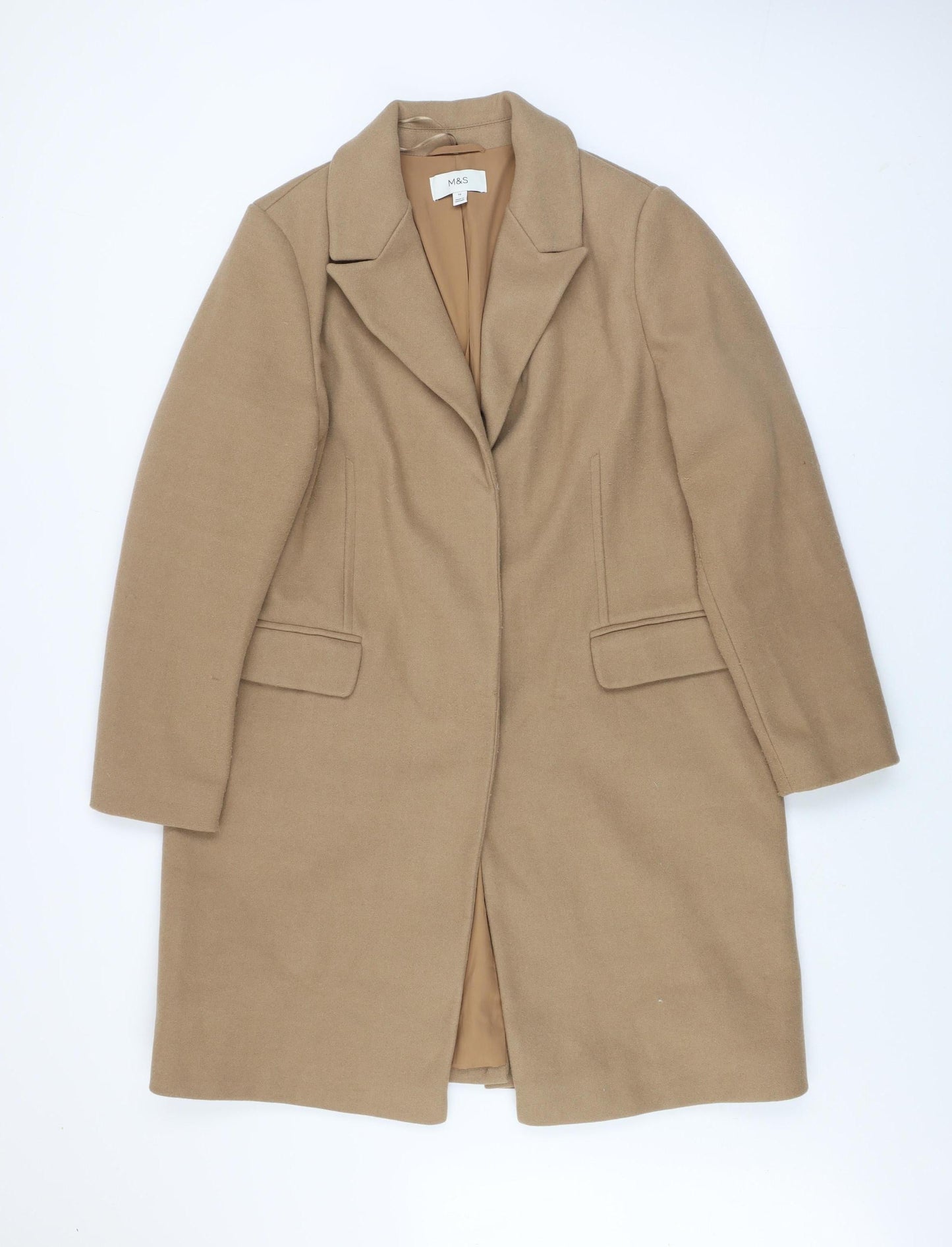 Marks and Spencer Women's Beige Long Overcoat Size 16 Classic Polyester Lined