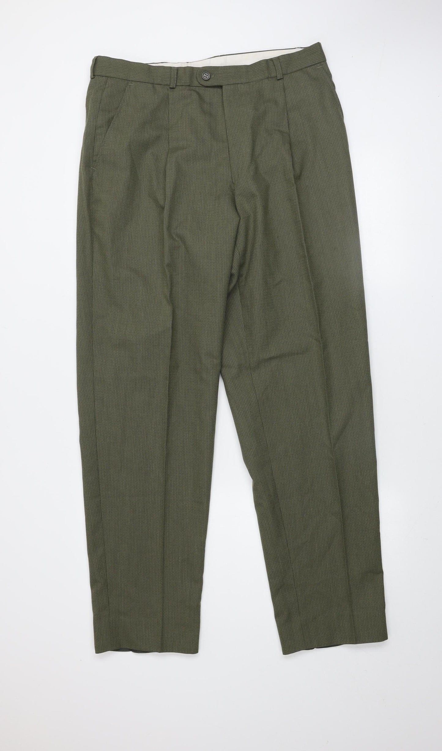 Hugo James Men's Green 40x34 Wool Blend Pleated Dress Trousers