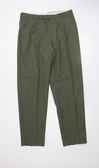 Hugo James Men's Green 40x34 Wool Blend Pleated Dress Trousers