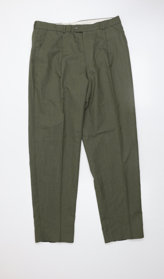 Hugo James Men's Green 40x34 Wool Blend Pleated Dress Trousers