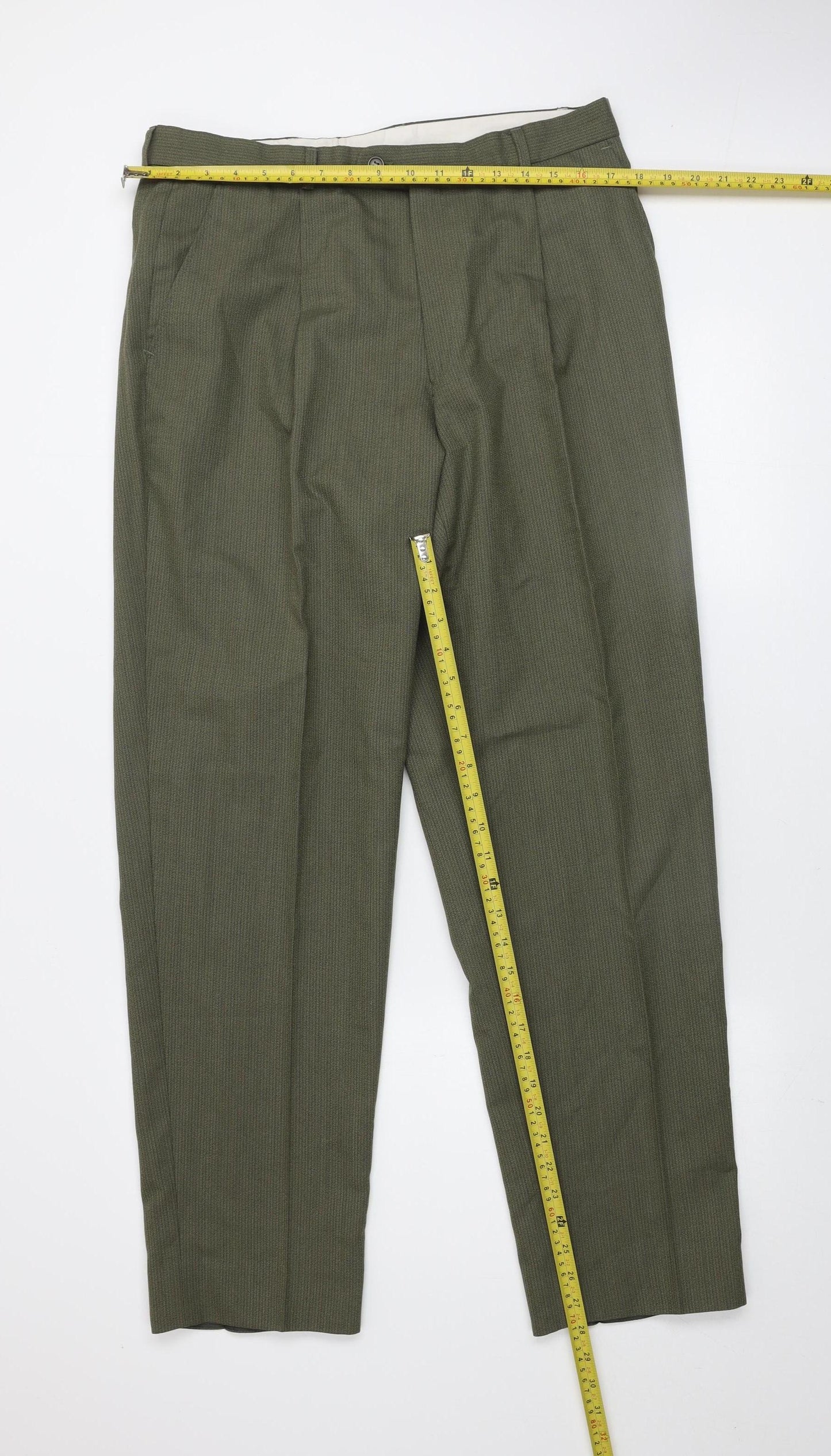 Hugo James Men's Green 40x34 Wool Blend Pleated Dress Trousers