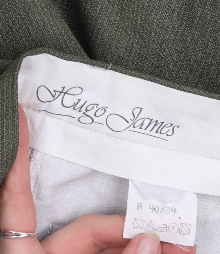 Hugo James Men's Green 40x34 Wool Blend Pleated Dress Trousers