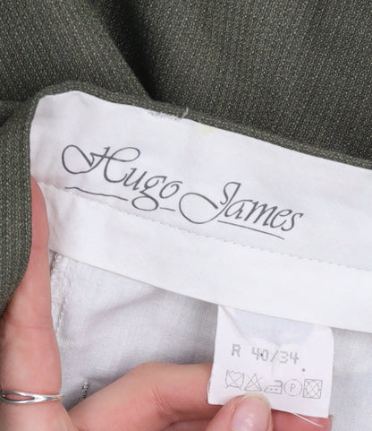 Hugo James Men's Green 40x34 Wool Blend Pleated Dress Trousers