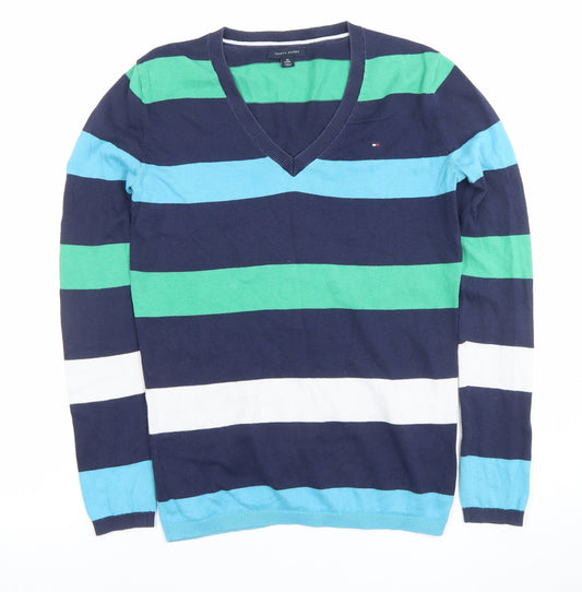 Tommy Hilfiger Men's Blue Striped V-Neck Cotton Jumper XS