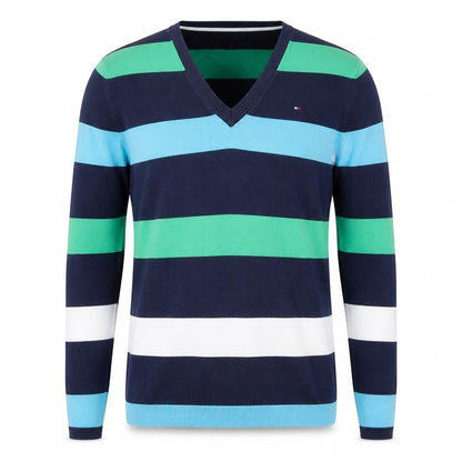 Tommy Hilfiger Men's Blue Striped V-Neck Cotton Jumper XS