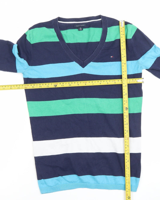 Tommy Hilfiger Men's Blue Striped V-Neck Cotton Jumper XS