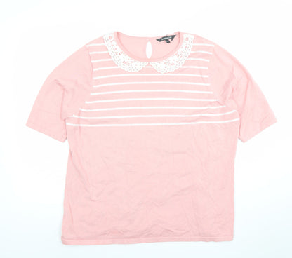 Bonmarche Women Pink Striped Crochet Collar Short Sleeve T-Shirt Size 20