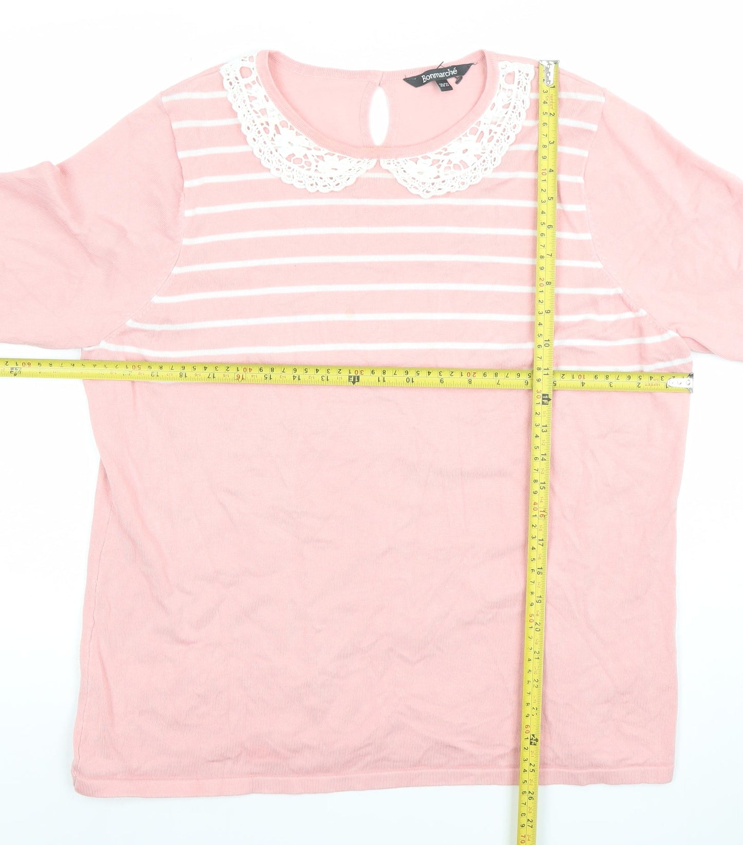 Bonmarche Women Pink Striped Crochet Collar Short Sleeve T-Shirt Size 20