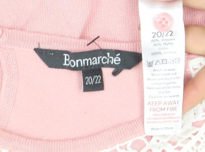 Bonmarche Women Pink Striped Crochet Collar Short Sleeve T-Shirt Size 20