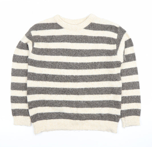 Zara Girls Grey & Ivory Striped Wool Blend Pullover Jumper 9-10 Years