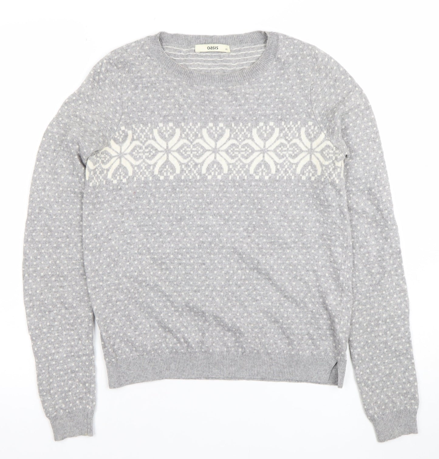 Oasis Girls Grey XS Fair Isle Crew Neck Pullover Jumper Winter Knit