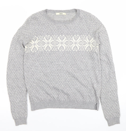 Oasis Girls Grey XS Fair Isle Crew Neck Pullover Jumper Winter Knit