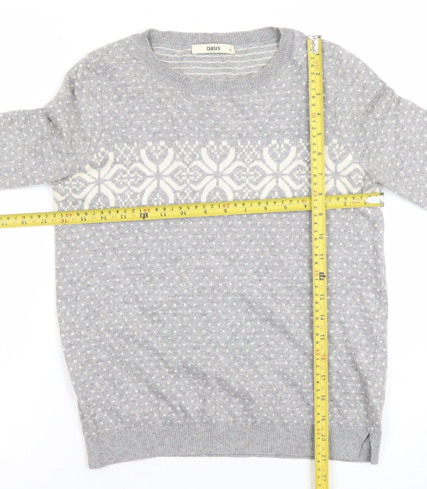 Oasis Girls Grey XS Fair Isle Crew Neck Pullover Jumper Winter Knit