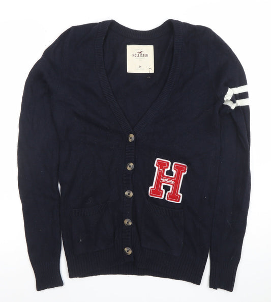 Hollister Men's Blue V-Neck Cardigan with Logo Patch Size M