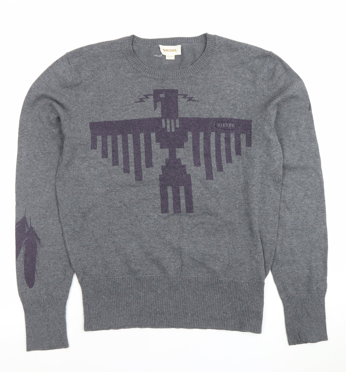 Diesel Men’s Grey Crew Neck Graphic Knit Pullover Jumper Size M