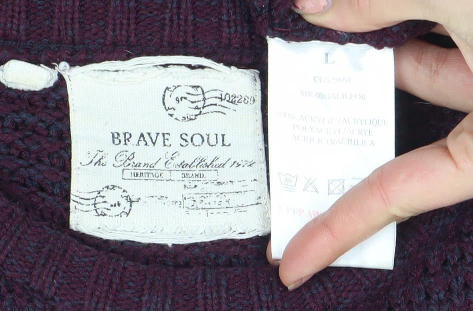 Brave Soul Men Purple Waffle-Knit Crew Neck Jumper L