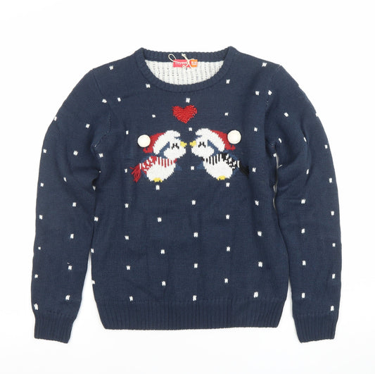 Lily & Dan Girls Navy Christmas Jumper 11-12 Years Knit Pullover Penguin Design