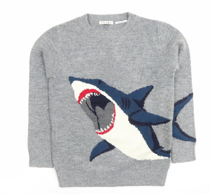 FatFace Girls Grey Shark Jumper 8-9 Years Crew Neck Wool Blend Knit