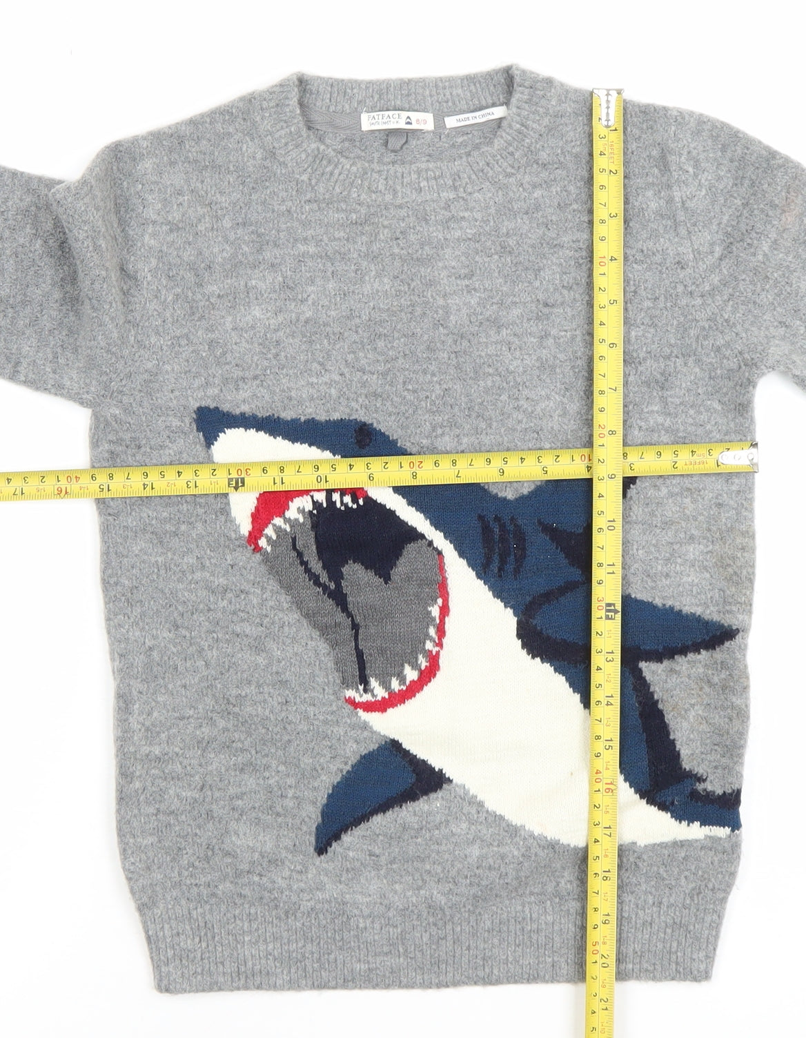 FatFace Girls Grey Shark Jumper 8-9 Years Crew Neck Wool Blend Knit