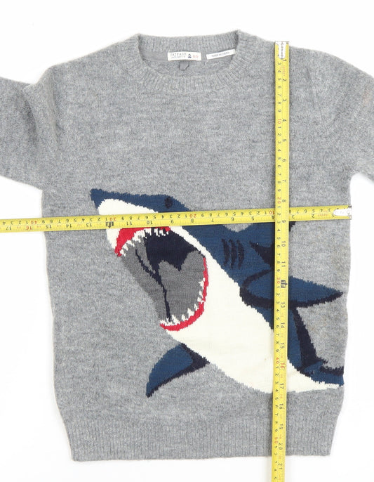 FatFace Girls Grey Shark Jumper 8-9 Years Crew Neck Wool Blend Knit