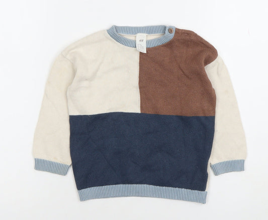 H&M Unisex Baby Beige Blue Brown Colourblock Knit Jumper 12-18 Months
