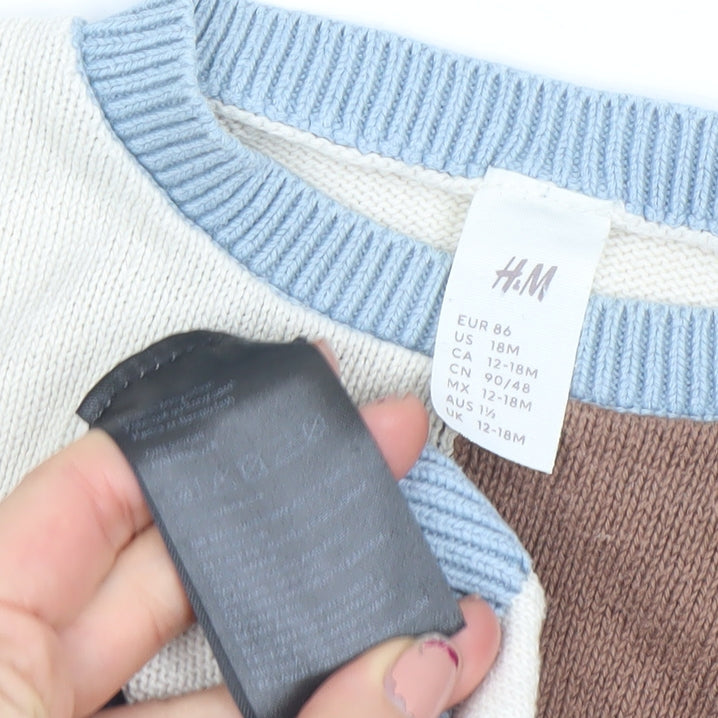 H&M Unisex Baby Beige Blue Brown Colourblock Knit Jumper 12-18 Months