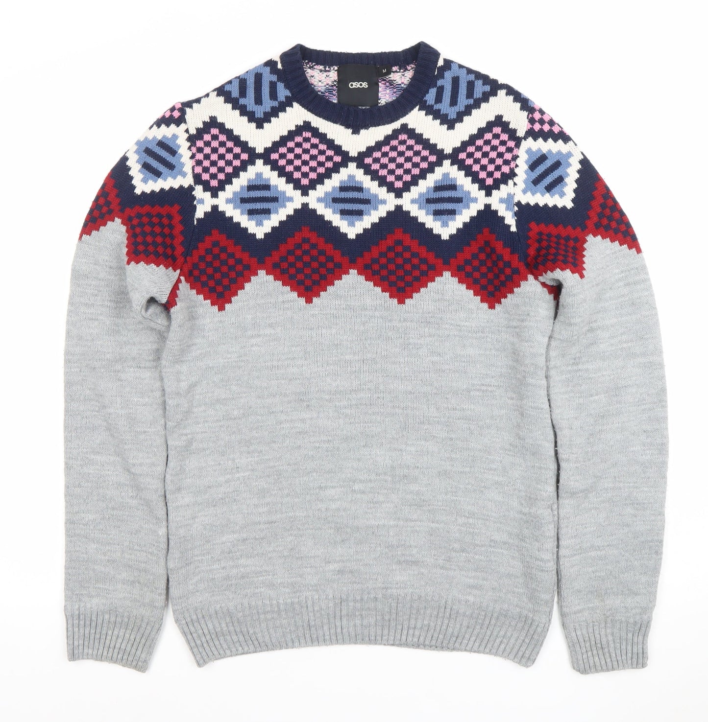 ASOS Men’s Grey Geometric Knit Jumper Size M Long Sleeve Pullover