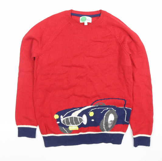 Mini Boden Boys Red Cotton Wool Car Jumper 11-12 Years Crew Neck Knit