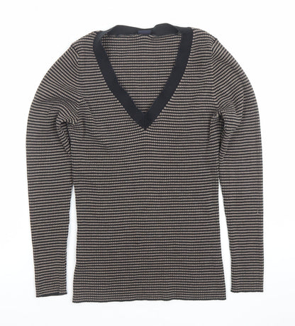 GAP Womens Brown Striped V-Neck Long Sleeve Slim Fit Pullover Jumper Size L