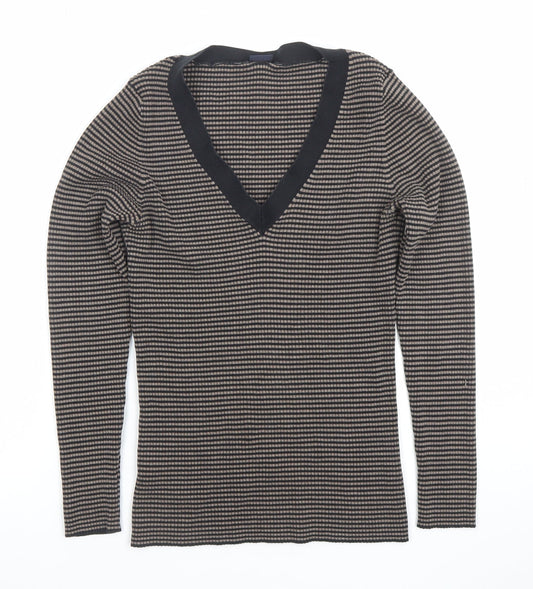 GAP Womens Brown Striped V-Neck Long Sleeve Slim Fit Pullover Jumper Size L