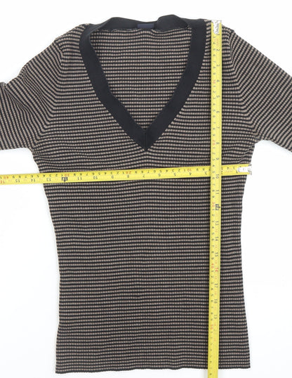 GAP Womens Brown Striped V-Neck Long Sleeve Slim Fit Pullover Jumper Size L