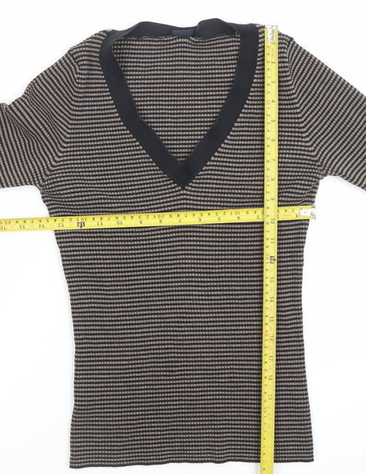 GAP Womens Brown Striped V-Neck Long Sleeve Slim Fit Pullover Jumper Size L