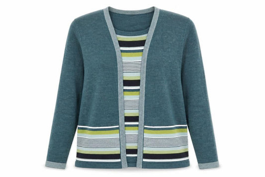 Front view of Honor Millburn Women's Green Striped Knit Open Cardigan M