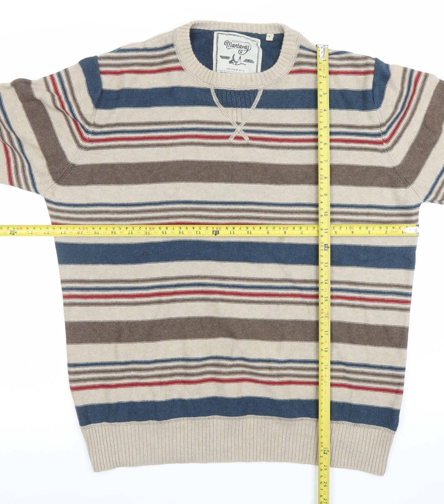 Mantaray Men’s Beige Striped Cotton Crew Neck Jumper Size L