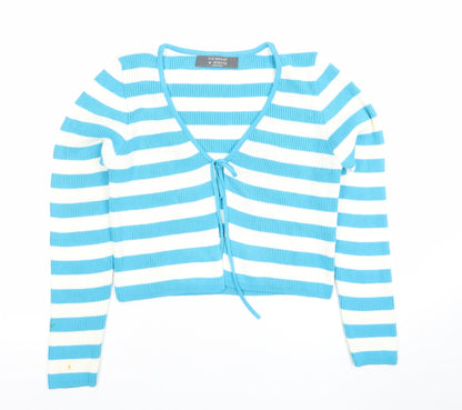 Primark Unisex Blue Striped V-Neck Tie Front Cardigan M
