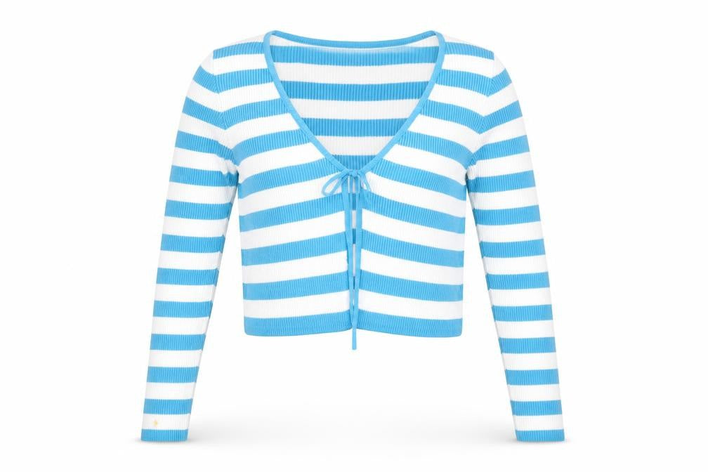 Front view of Primark unisex blue striped v-neck tie front cardigan m
