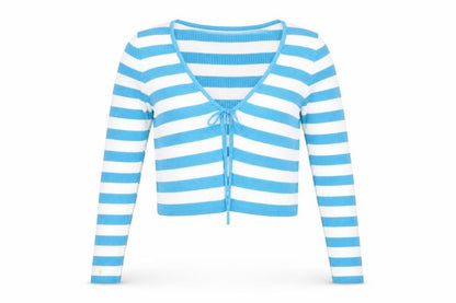 Front view of Primark unisex blue striped v-neck tie front cardigan m